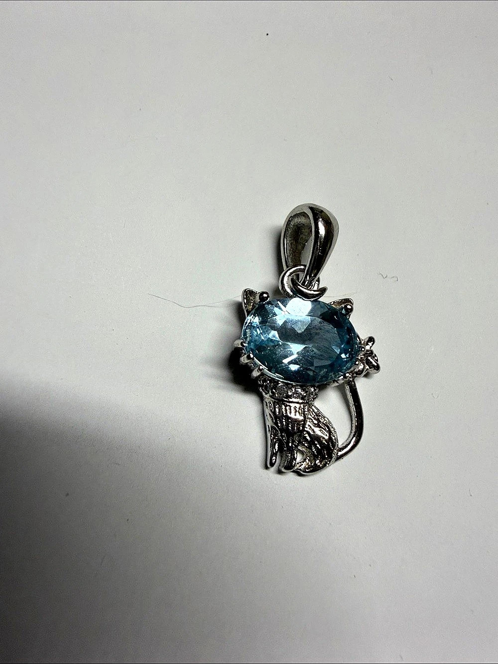 Blue Topaz& Silver Cat Pendant dainty